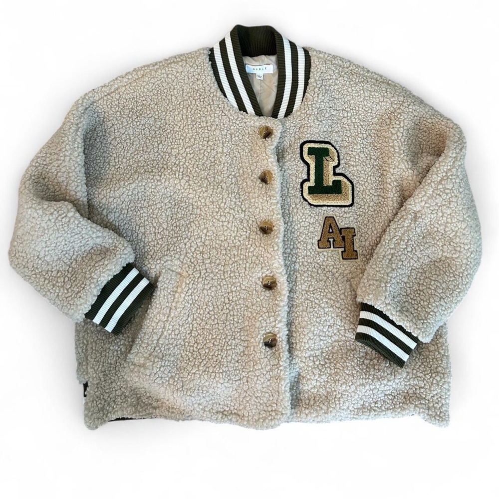 Mable Sherpa Varsity Jacket with Green Trim - Picture 4 of 6